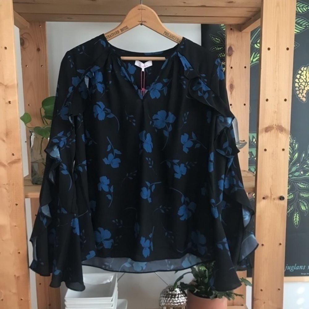 Parker Black Blue Floral Print Ruffle Long Sleeve Blouse Small - Picture 2 of 14